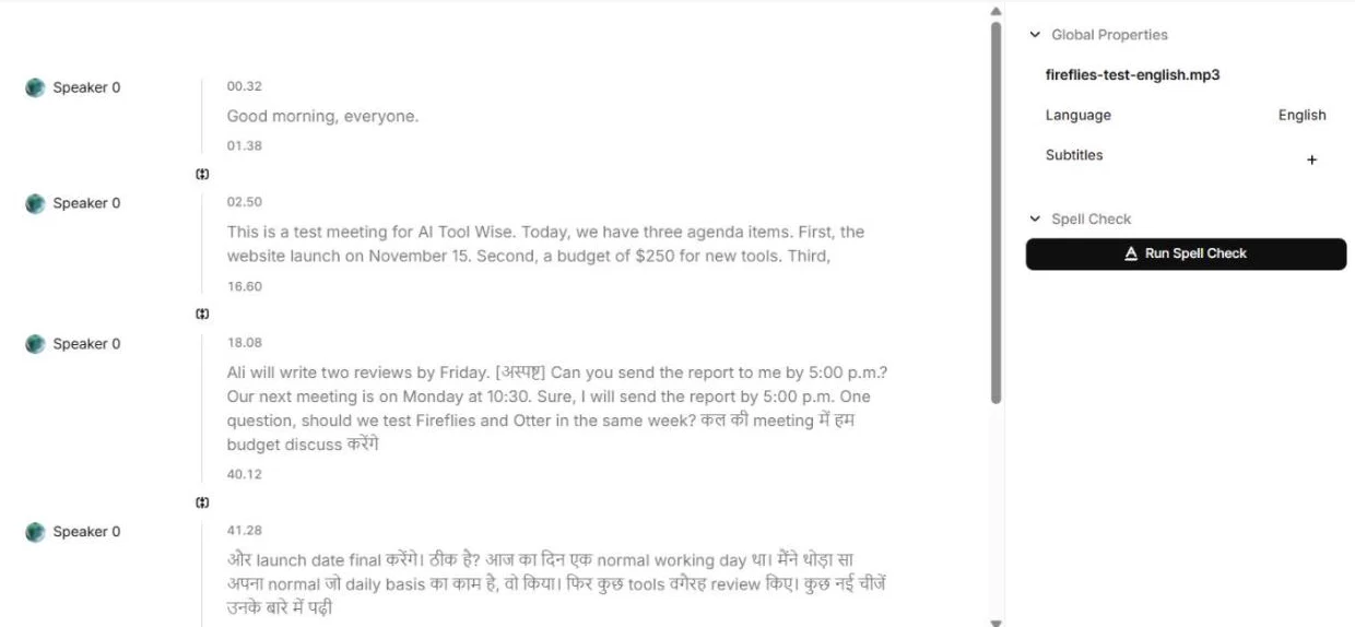 ElevenLabs Speech to Text English and Hinglish transcript with names and numbers