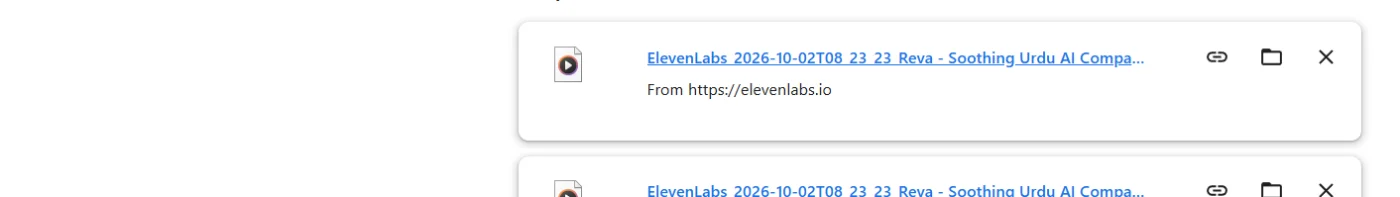 Two Urdu voiceover MP3 files downloaded from the ElevenLabs free plan