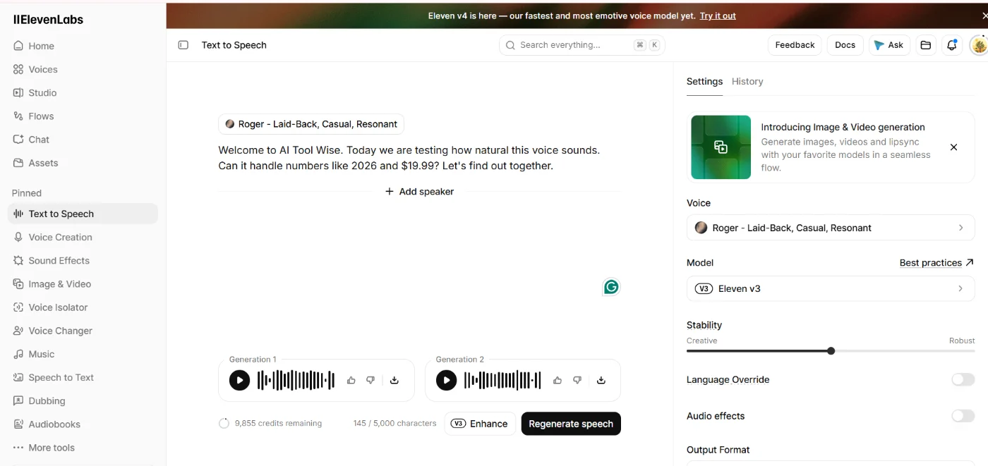 ElevenLabs review: Text to Speech screen with the English test script, Eleven v3 model and credits counter