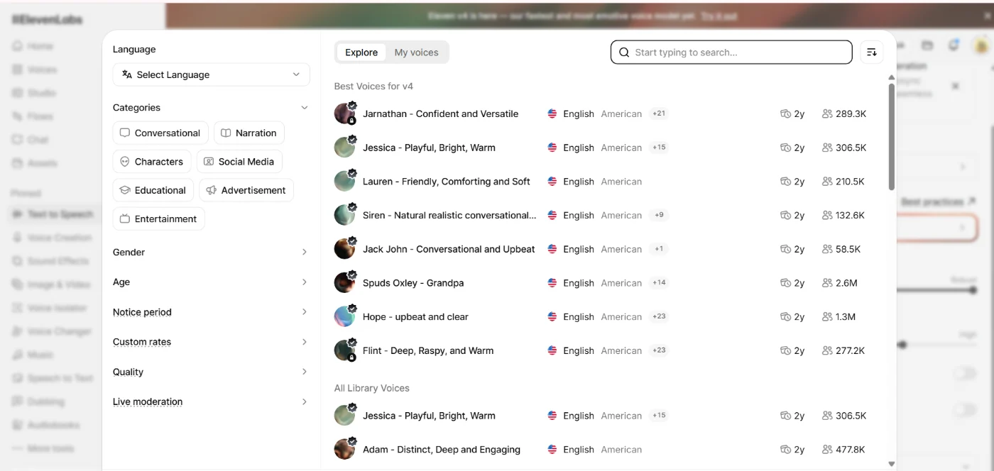 ElevenLabs voice library showing best voices for v4 with language, category, gender and age filters