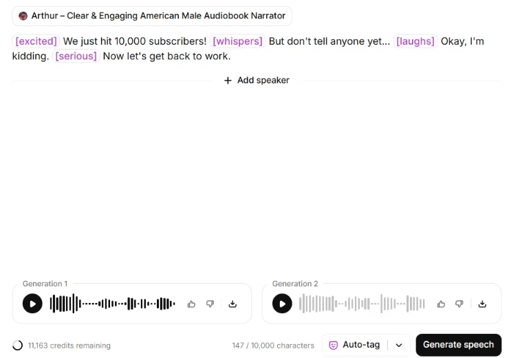 ElevenLabs v4 audio tags highlighted in the text to speech editor