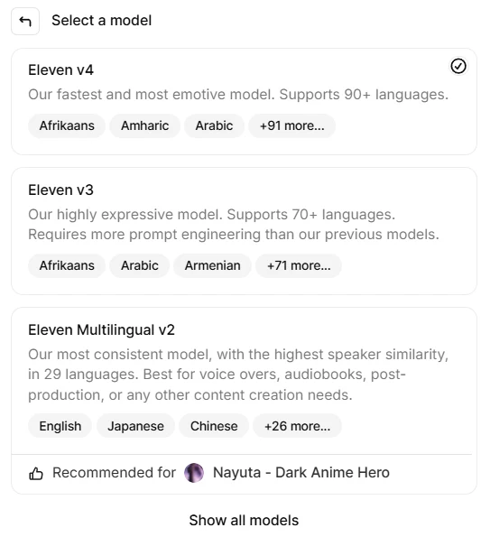 ElevenLabs v4 vs v3 model picker showing Eleven v4, v3 and Multilingual v2