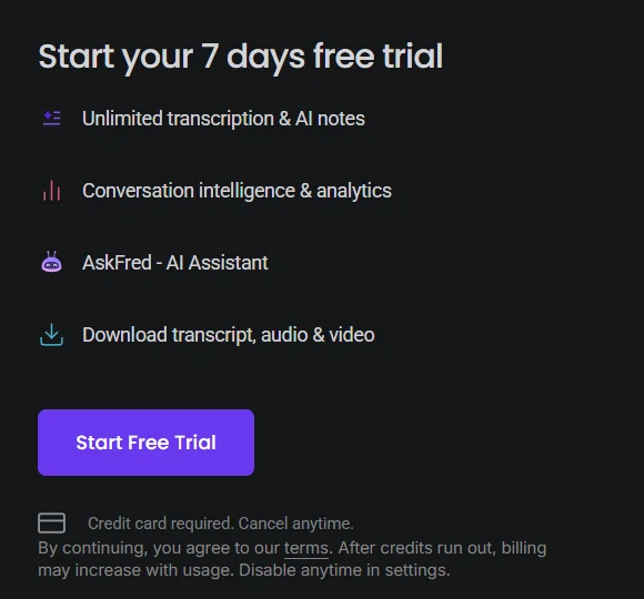 Fireflies signup screen offering a 7 day Business trial that needs a credit card