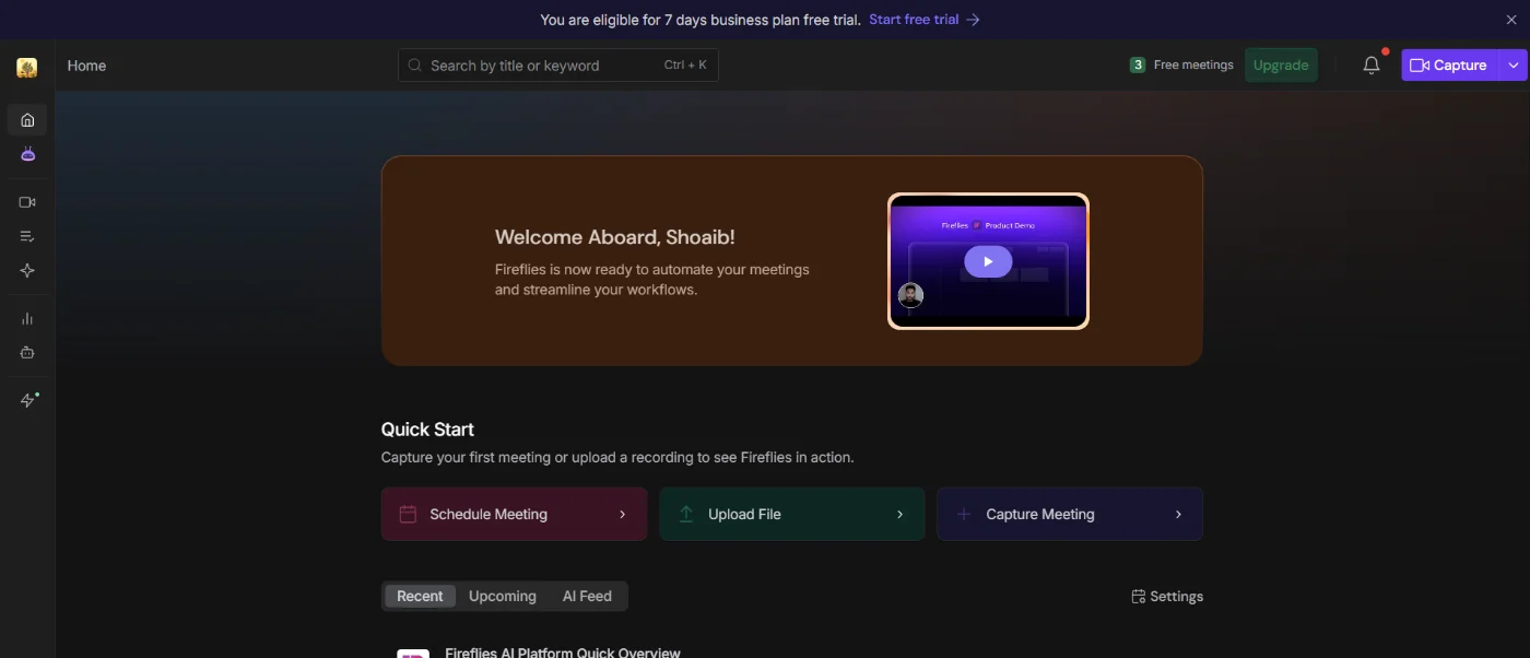 Fireflies free plan dashboard with 3 free meetings