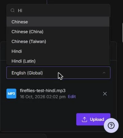 Fireflies upload language list with Hindi and Hindi (Latin) options
