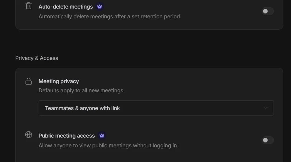 Fireflies meeting privacy default set to teammates and anyone with link