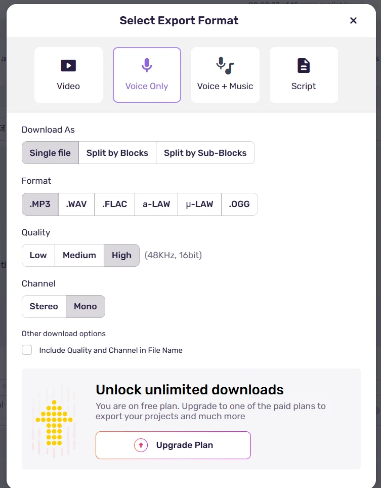 Murf export window showing MP3, WAV and FLAC options locked on the free plan