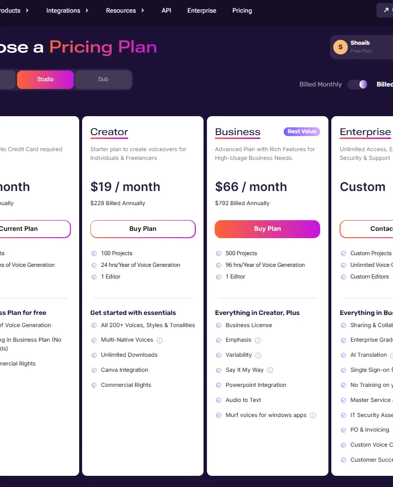 Murf Studio pricing plans: Free, Creator, Business and Enterprise, billed yearly