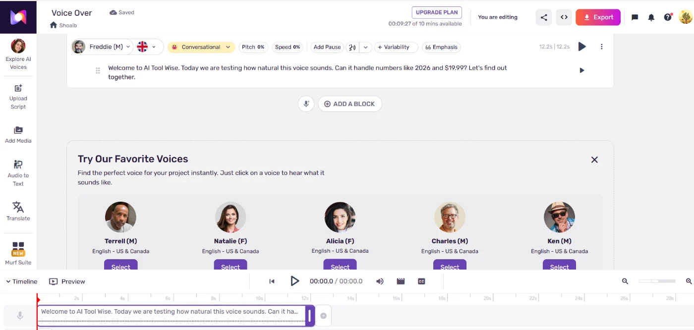 Murf Studio editor with a test script, voice controls and timeline