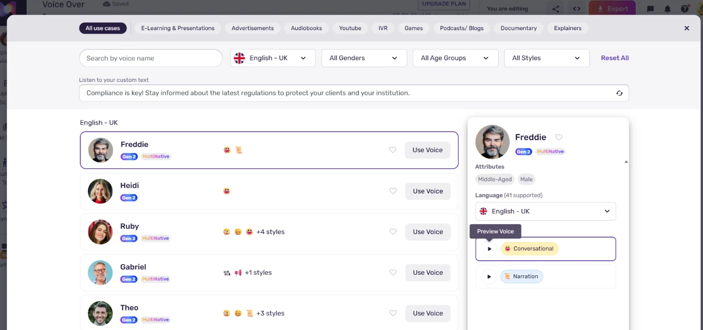 Murf AI voice library with filters for language, gender, age, style and use case