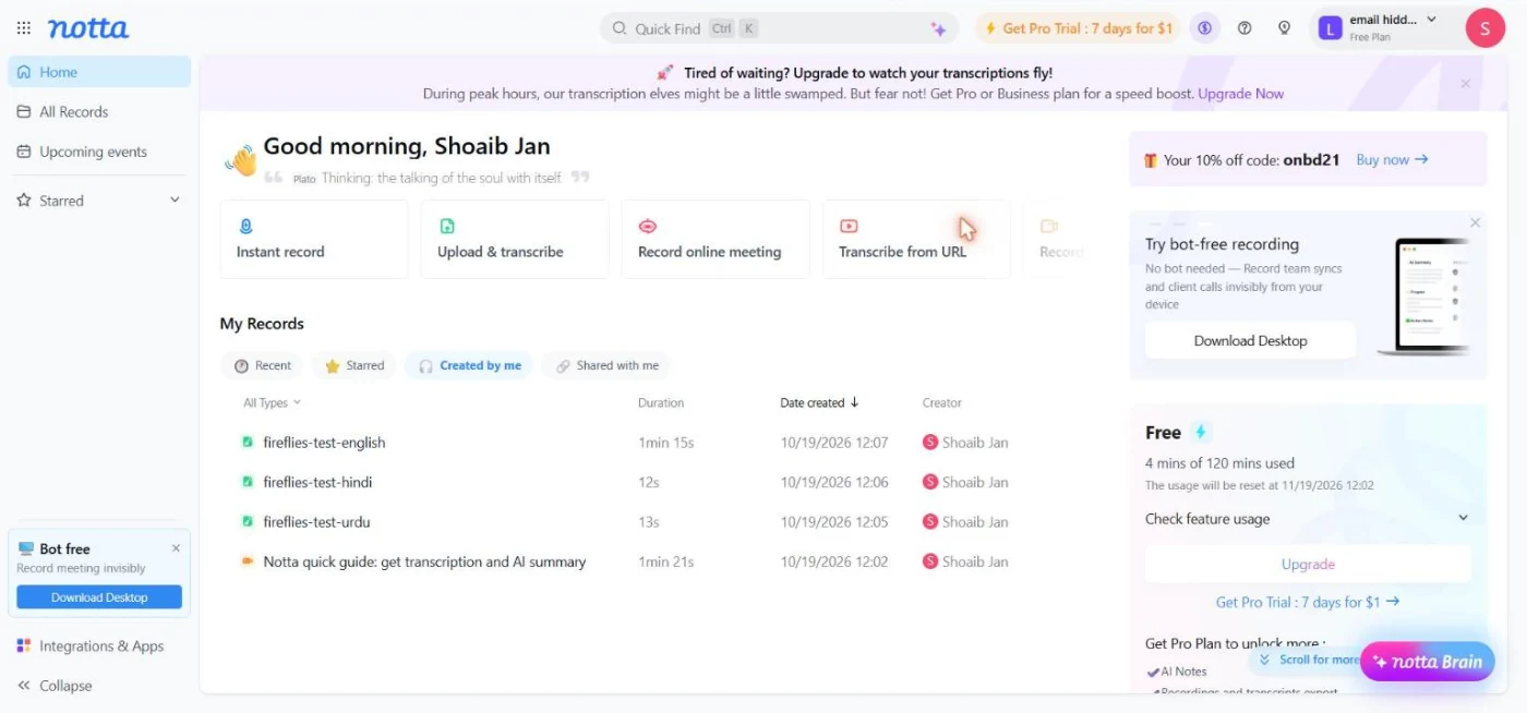 Notta AI review: the Notta dashboard on the free plan with 120 minutes and upgrade offers