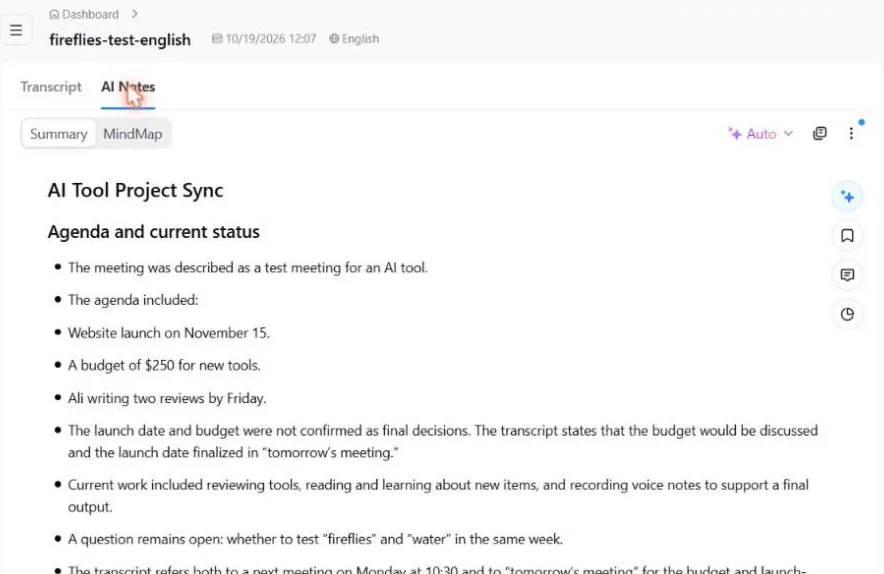 Notta AI summary of my test meeting on the free plan
