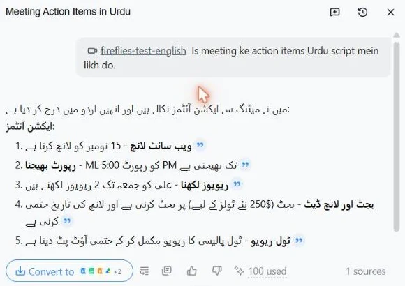 Notta Brain answering a Roman Urdu question with meeting action items in Urdu script