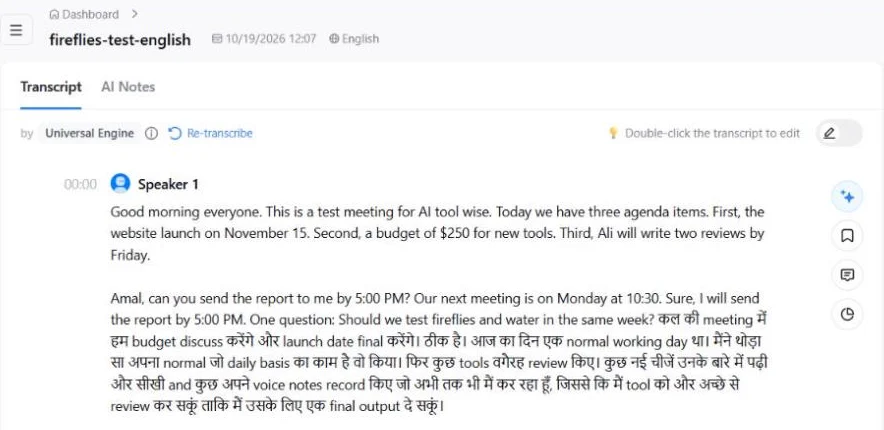 Notta English and Hinglish transcript from my test meeting recording