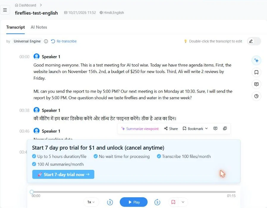Notta bilingual Hindi and English transcript of my test meeting with a 1 dollar trial offer on screen