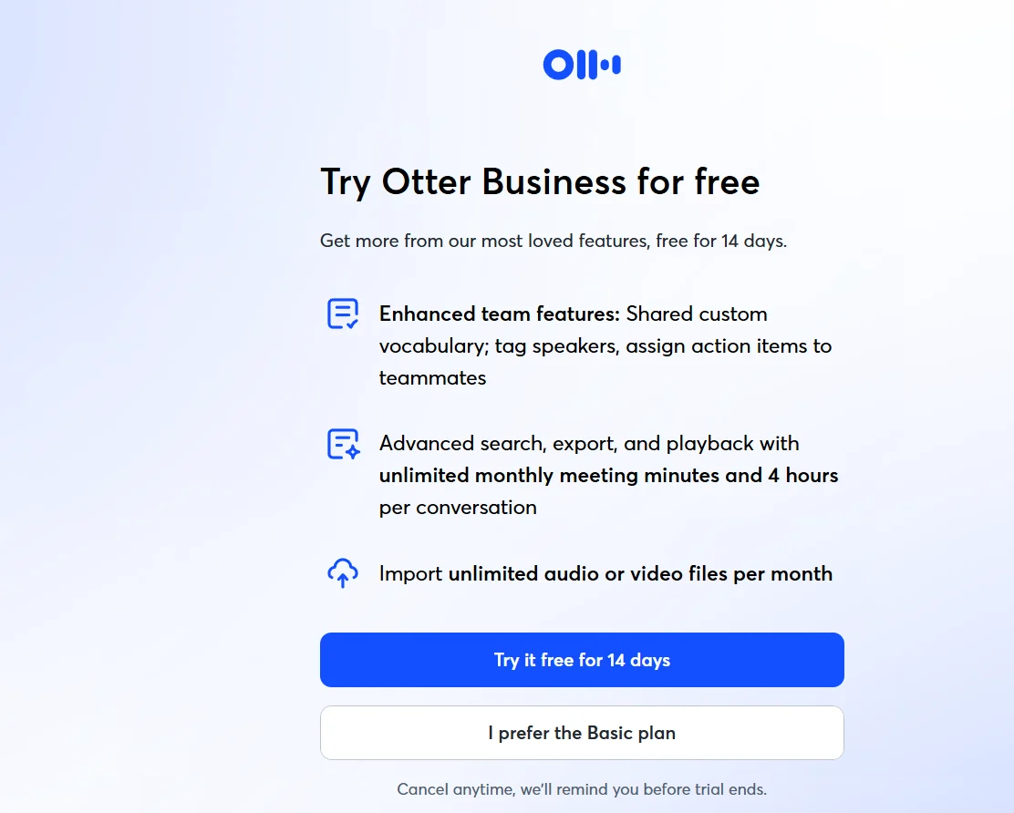 Otter signup screen offering a 14 day Business trial with a Basic plan option