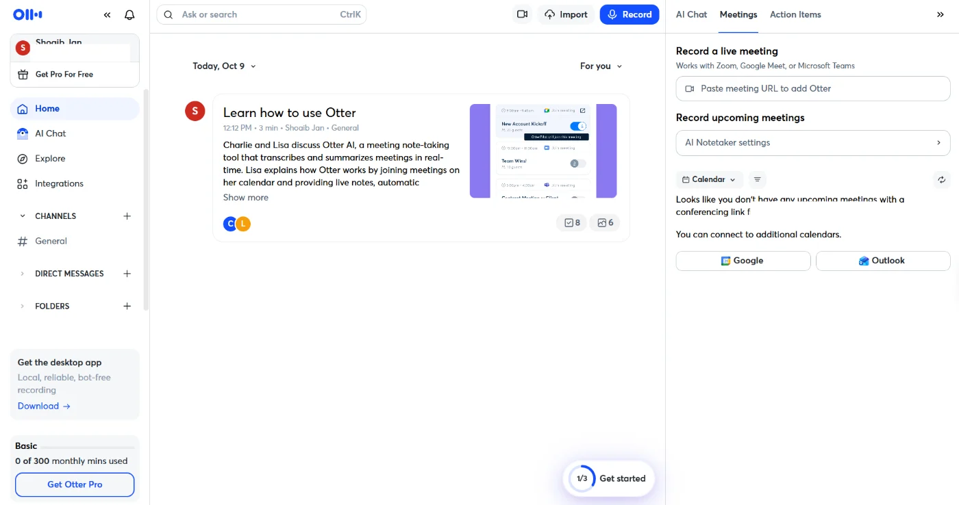 Otter Basic free plan dashboard showing 0 of 300 monthly minutes used