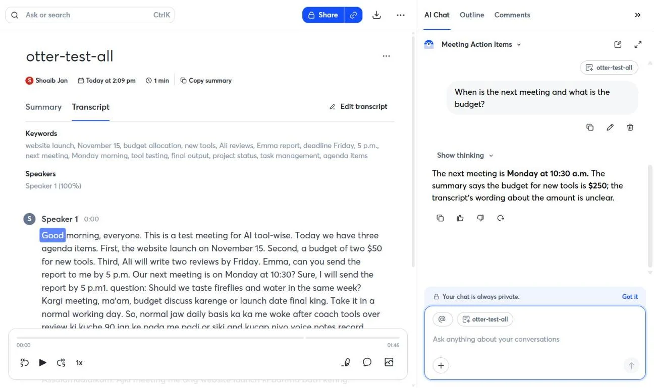 Otter review: English test transcript and AI Chat answer on the free plan
