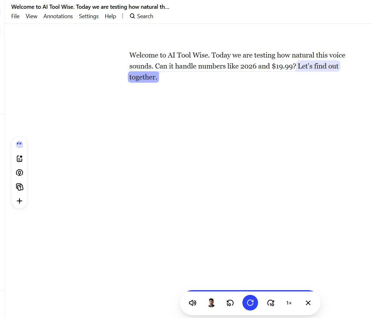Speechify reader app reading the test script aloud with highlighted text