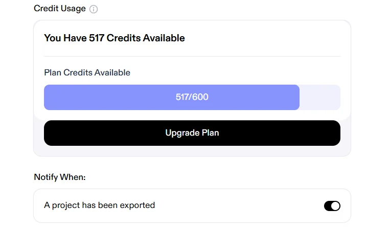 Speechify Studio credit usage showing 517 of 600 free credits left