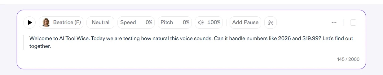 Speechify review: Speechify Studio voiceover editor with the English test script, voice, speed and pitch controls