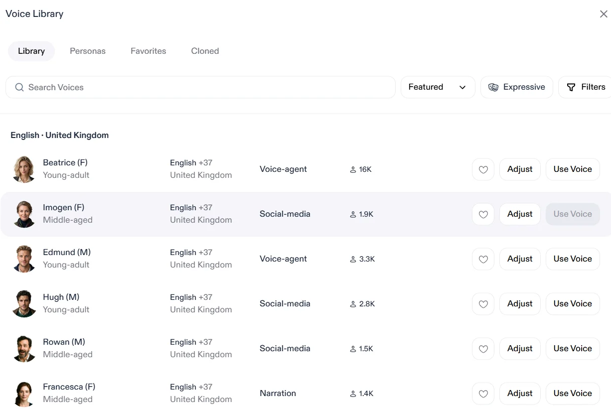 Speechify Studio voice library with English UK voices, use cases and filters