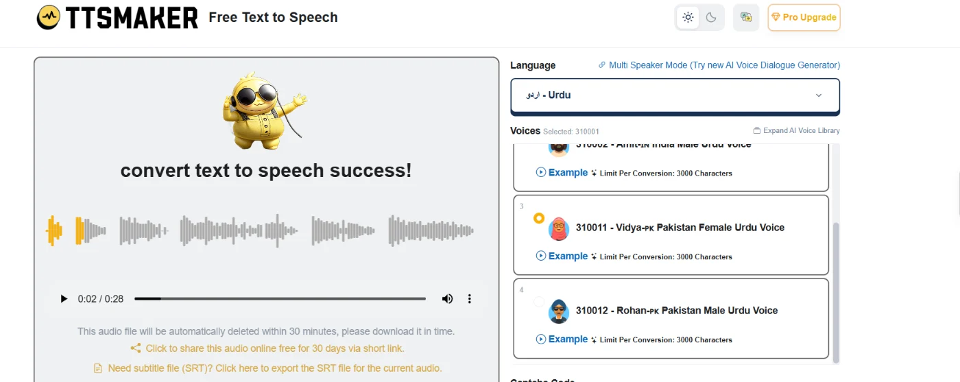 Urdu text to speech in TTSMaker with the Vidya Pakistan female Urdu voice selected